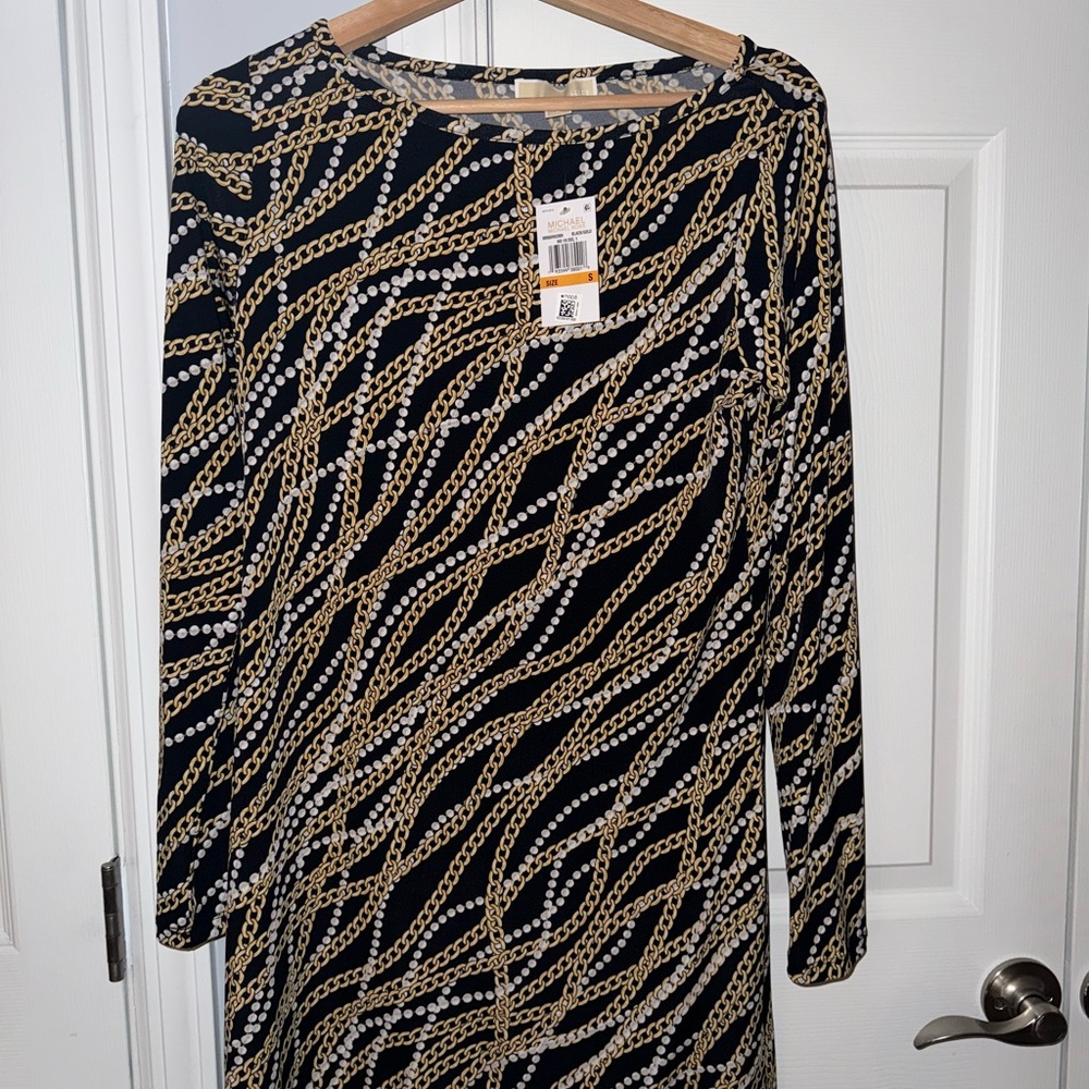 Michael Kors Black and Gold Chain Print Dress